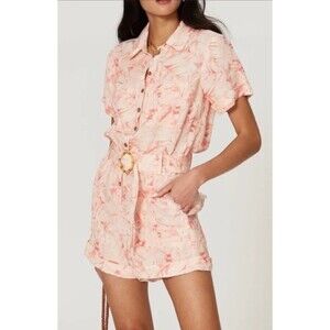 Show Me Your MUMU Romper Bexley Pink Magestic Palm Belted Buttons Linen Medium